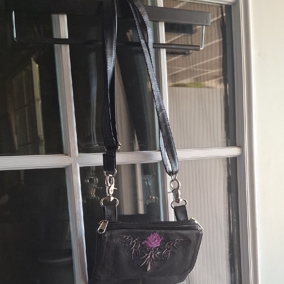 Black Leather Bag with Purple Embroidery - Picture 3 of 5